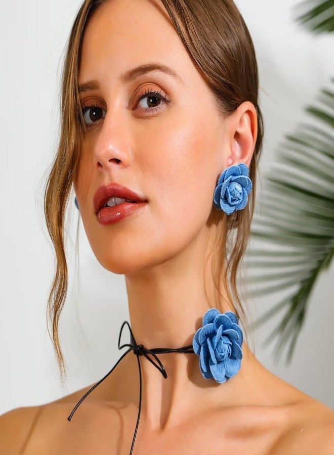 BLUE DROP Vintage Denim Flower Choker Necklace Set For Women Blue Rose Flower Hoop Earrings Flower Jewelry Gifts - A - Image 4