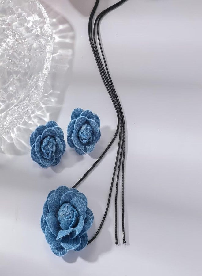 BLUE DROP Vintage Denim Flower Choker Necklace Set For Women Blue Rose Flower Hoop Earrings Flower Jewelry Gifts - A - Image 5