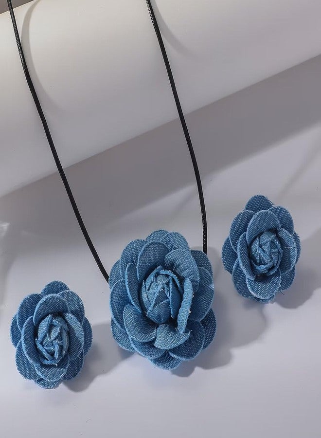 BLUE DROP Vintage Denim Flower Choker Necklace Set For Women Blue Rose Flower Hoop Earrings Flower Jewelry Gifts - A - Image 3