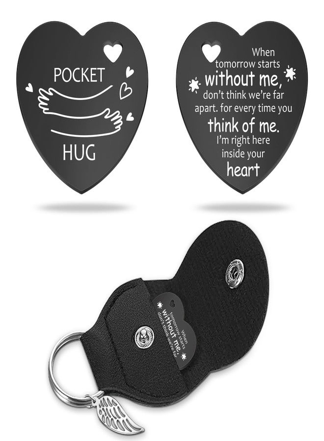 Lasimfa Pocket Hug When Tomorrow Starts Black Stainless Steel Double-Sided Heart Shaped Token with Leather Bag Long Distance Relationship Keepsake Gift for Family Friends Daughter Son - Image 1