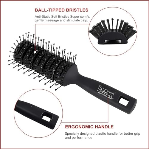 Scarlet Line Professional 11 Rows Curved Shape Ball Tip Bristles Medium Vented Flat Hair Styling Brush with Plastic Handle Ideal fr Men n Women, Black - Image 2