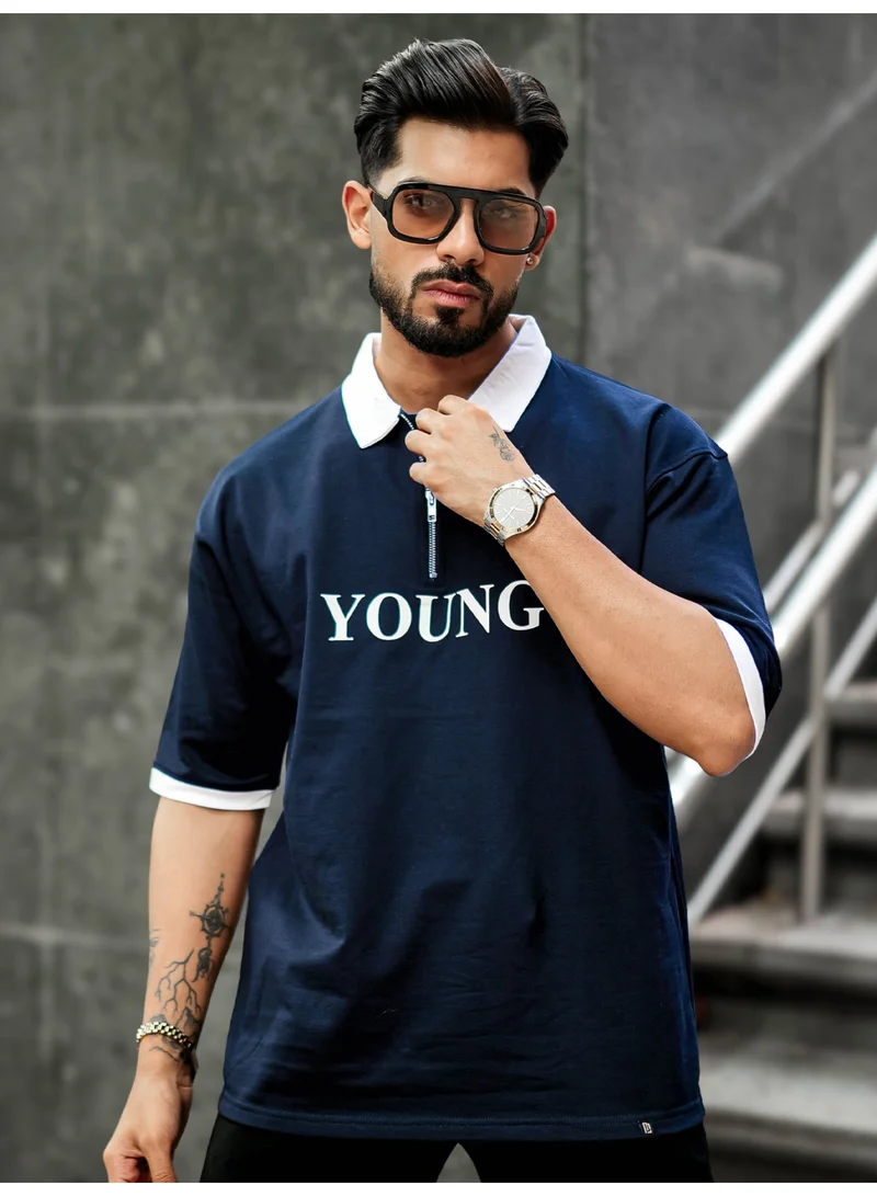 مانياك تيشيرت بولو رجالي مانياك بنصف سحاب وطبعات، قطن، أكمام قصيرة، كحلي وأبيض