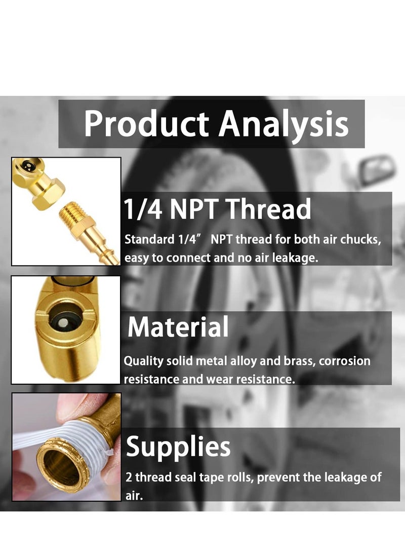 2 Way Connection Heavy Duty Air Chuck Set, 1/4 Inch Female NPT Closed Ball tire Chuck, Dual Head Air Chuck and Standard Male Quick Plug, Tire Air Fill Kit for Tire Inflator Gauge and Air Compressor - Image 3