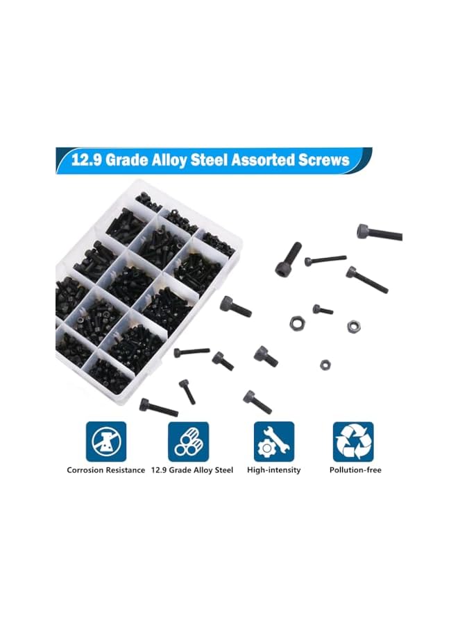 promass 460 Pcs M3 M4 M5 Hex Head Bolt Socket Cap Screws Nuts Assortment Kit,12.9 Grade Alloy Steel Black Zinc Plated and Anti Rust Metric Screw Set,Nuts and Bolts Assorted Set with Storage Box - Image 3