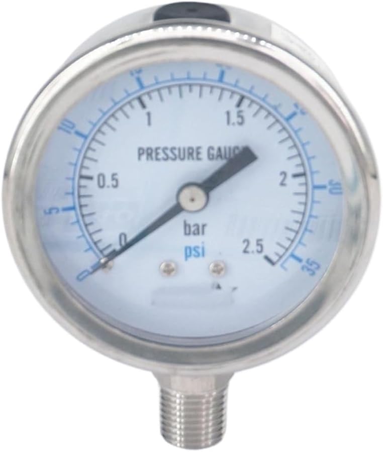 مقياس ضغط من الفولاذ المقاوم للصدأ 304 بقرص 60 مم، مدى 0-2.5 بار/رطل لكل بوصة مربعة، مع وصلة ذكر BSPT، مناسب للبخار والتخمير والغاز والماء. - Image 2