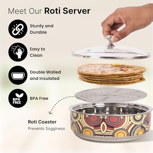 UMAI Double Walled Insulated Serving Casserole (1.5L) | Stainless Steel Hotpot with Transparent Glass Lid & Coaster | Hot Pot For Roti Box | Curry Bowls For Serving | House Warming Gifts For New Home - Image 2