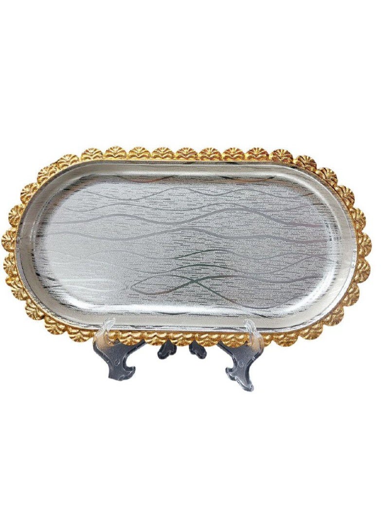 Stainless steel tray - silver and gold - 23 cm - oval shape - Image 3