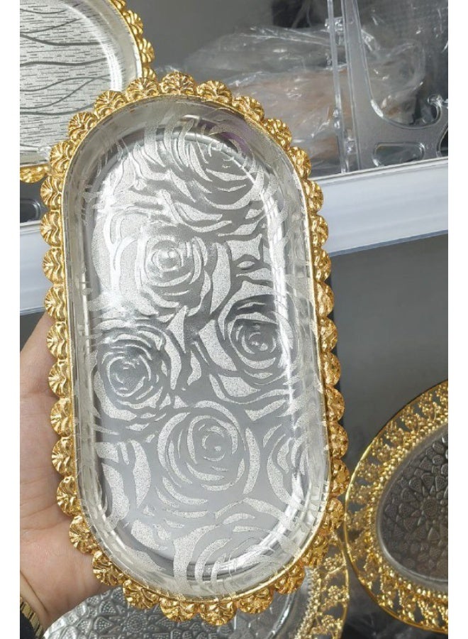 Stainless steel tray - silver and gold - 23 cm - oval shape - Image 1