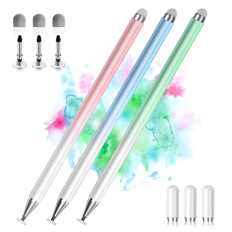 AmberVec Stylus Pens for Touch Screens, 2 in 1 High Precision Universal Stylus Pen for iPad Compatible with Apple, iPhone, iPad, Android, Samsung Tablets, Phones, 3 Pack -Blue, Green, Pink - Image 1