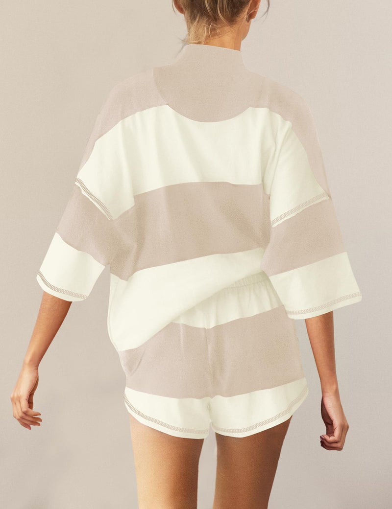 Panadila Women Striped Workout Set Two Piece Outfit Tracksuit Oversized Lounge Set Top and Shorts Sets with Pockets(Beige White Combo,XL) - Image 3