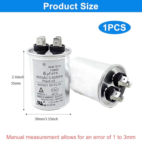 BENLIUDH 6 uf MFD 450 Volt Fan Motor Run Oval Capacitor for AC Motor Run or Fan Start and Cool or Heat Pump Air Conditione Conditioner (6UF) - Image 2