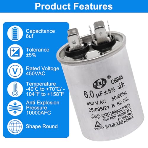 BENLIUDH 6 uf MFD 450 Volt Fan Motor Run Oval Capacitor for AC Motor Run or Fan Start and Cool or Heat Pump Air Conditione Conditioner (6UF) - Image 3