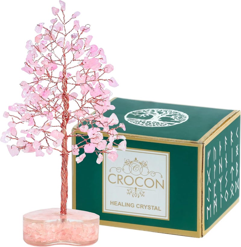 Crocon Rose Quartz Heart Shape Base Crystal Tree Gifts for Women, Healing Crystals Tree of Life Present Crystal Feng Shui Bonsai Trees for Positive Energy Good Luck Home & Office Decoration Gifts - Image 1