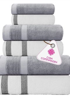 Solitaire Designed in Denmark 600 GSM 2 Bath Towels 2 Hand Towels 2 Washcloths, Super Soft Egyptian Cotton 6 Towels Set for Bathroom, Kitchen & Shower - White + Grey Violet