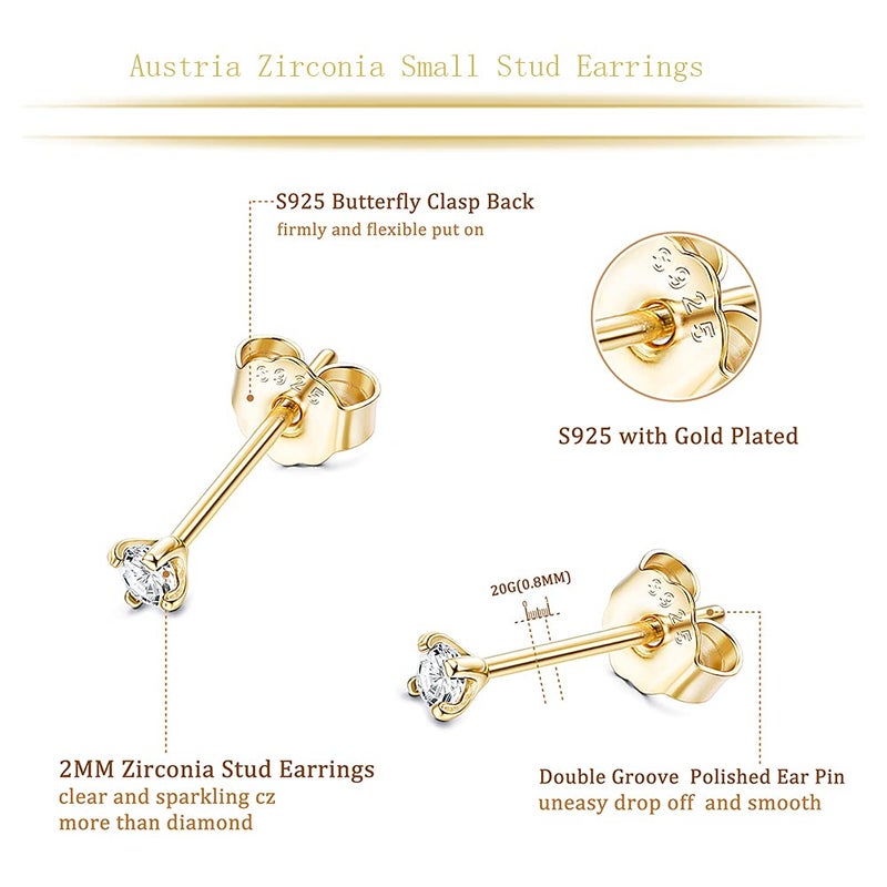 Sllaiss 2mm Sterling Silver Austria Zirconia Stud Earrings for Women Men, Platinum/Gold/Rose Gold Plated Tiny CZ Studs - Image 3