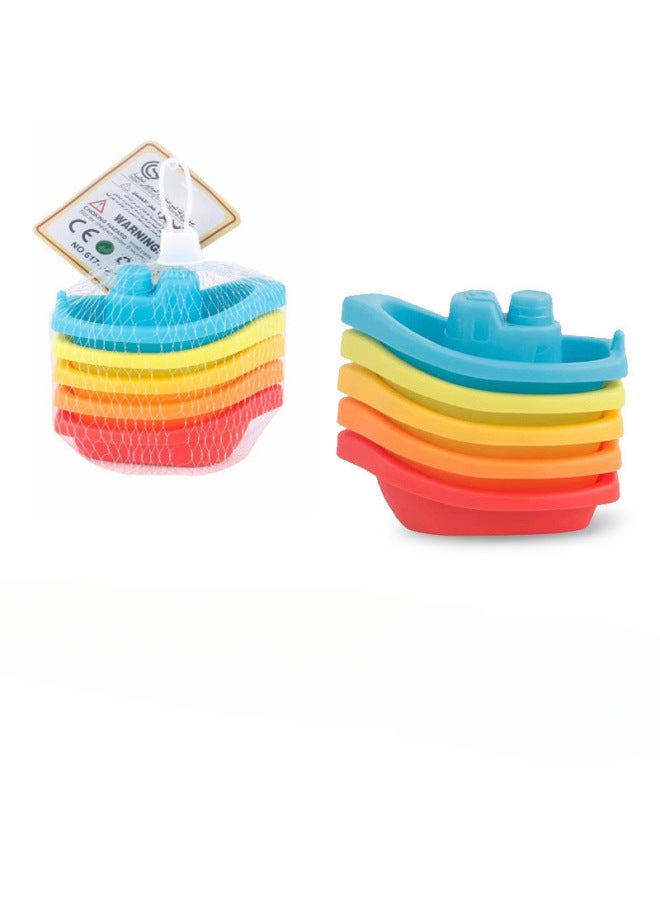 Export Baby Bath Toys Early Education Cognitive Bathroom Rainbow Color Water Stacked Boat Baby Bathroom Toys-Color:Bathroom Rainbow Color Stacked Boat  - Image 1
