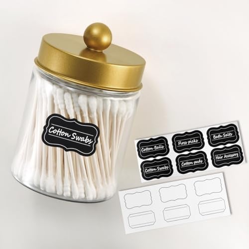 Komashr 3PC Farmhouse Decor Qtip Holder Apothecary Jars Bathroom Vanity Storage Organizer -Countertop Canister Container &Cute Stickers for Cotton Swab,Ball,Pad,Floss,Paper Clips (Gold,Plastic) - Image 5