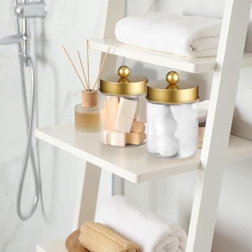Komashr 3PC Farmhouse Decor Qtip Holder Apothecary Jars Bathroom Vanity Storage Organizer -Countertop Canister Container &Cute Stickers for Cotton Swab,Ball,Pad,Floss,Paper Clips (Gold,Plastic) - Image 4