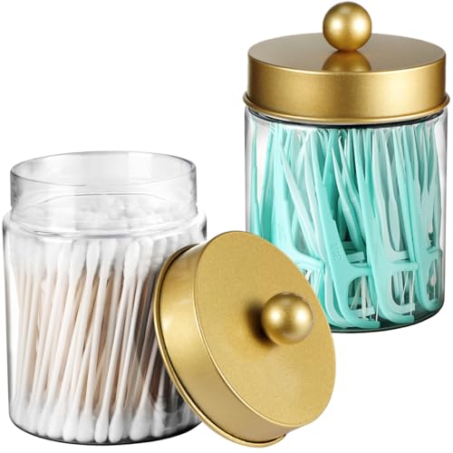 Komashr 3PC Farmhouse Decor Qtip Holder Apothecary Jars Bathroom Vanity Storage Organizer -Countertop Canister Container &Cute Stickers for Cotton Swab,Ball,Pad,Floss,Paper Clips (Gold,Plastic) - Image 3