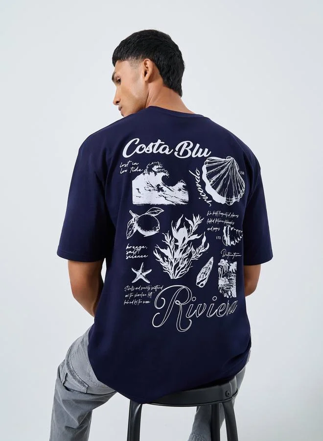 Styli Men Navy Blue Graphic Print Oversized T-Shirt