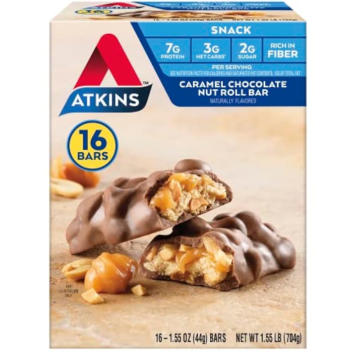 Atkins بار وجبة خفيفة من الشوكولاتة الكراميل والمكسرات من أتكينز، وجبة خفيفة غنية بالبروتين، 7 جرام بروتين، 2 جرام سكر، غنية بالألياف، 16 قطعة - Image 1