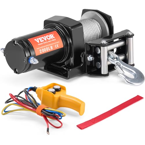 VEVOR ATV Winch 2000 lb Electric Winch 12V Small ATV UTV Winch with 532 in x 39 ft Steel Cable Roller Fairlead Wired Remote Control IP55 Waterproof for Towing UTV ATV Car Vehicle OffRoad - Image 1