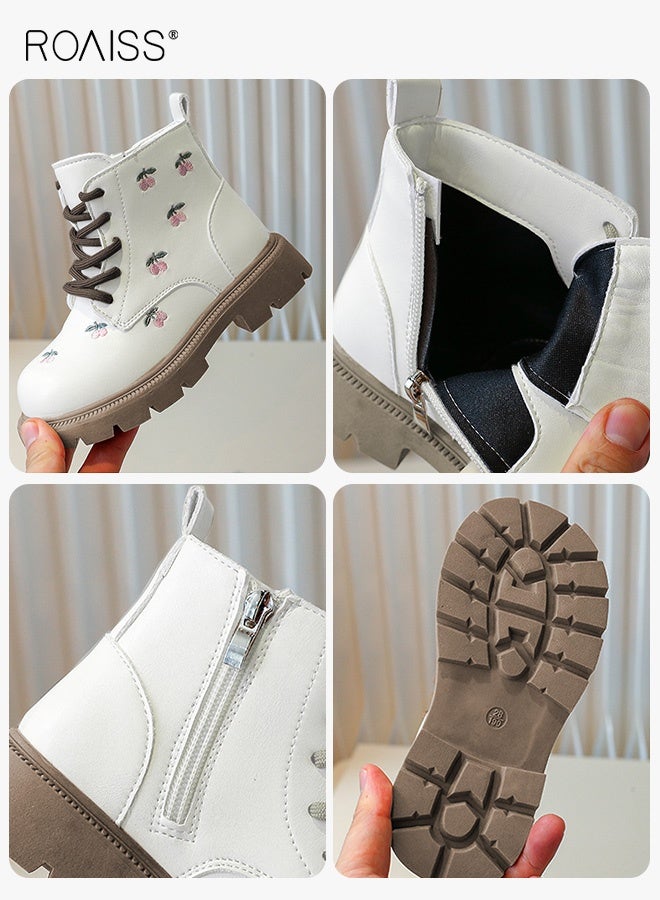 رويس أحذية أنيقة للفتيات مزينة بزهور مطرزة، حذاء قصير متين ومقاوم للماء مع سحاب جانبي، حذاء كاحل مانع للانزلاق للفتيات، مناسب للمدرسة والارتداء اليومي غير الرسمي - Image 4