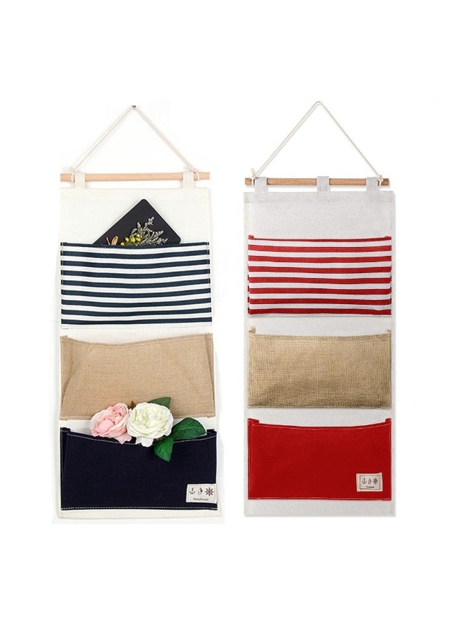 Generic Wall Hanging Storage Bag, 2 Pcs Over The Door Closet Organizer with Pockets, Linen Cotton Fabric Wall Door 3 Pockets Hanging Bag for School Office Bedroom Kitchen Home  - Image 1
