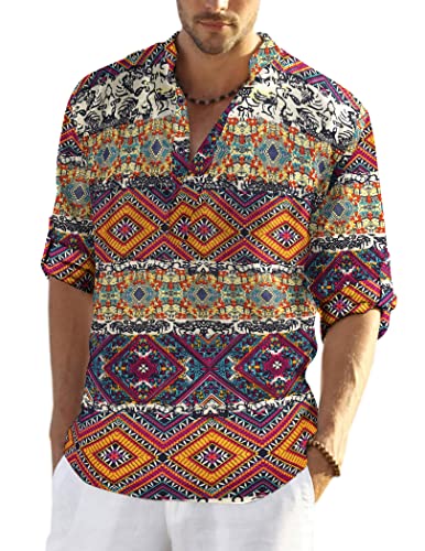 COOFANDY Men's Cotton Linen Henley T-Shirts Long Sleeve Hippie Casual Beach T-Shirts - Image 1