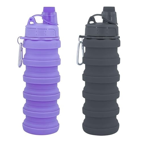YCTMALL Collapsible Water Bottles Two Pack Travel Sports Portable Sport Water Bottle comes with mountaineering Buckle 500ml silicone Water-proof camping water bottle (Purple and Grey Color) - Image 1