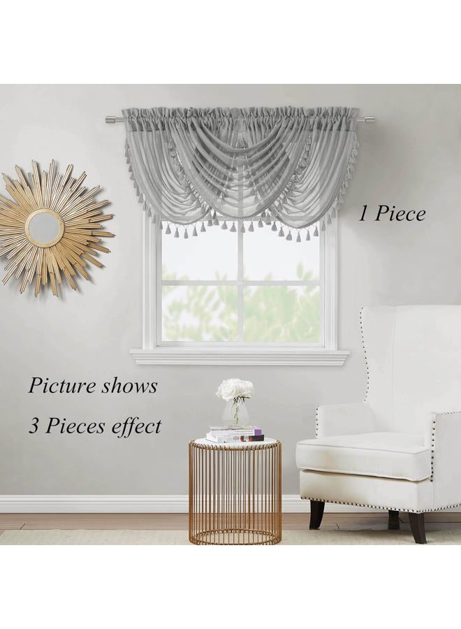 Central Park Silver Gray Solid Waterfall Valance Curtain Panel Linen Blend Semi Sheer Rod Pocket Kitchen Curtain with Tassel Accessories for Living and Bedroom Window Treatment Drape, 56"x38", 1 Piece - Image 2
