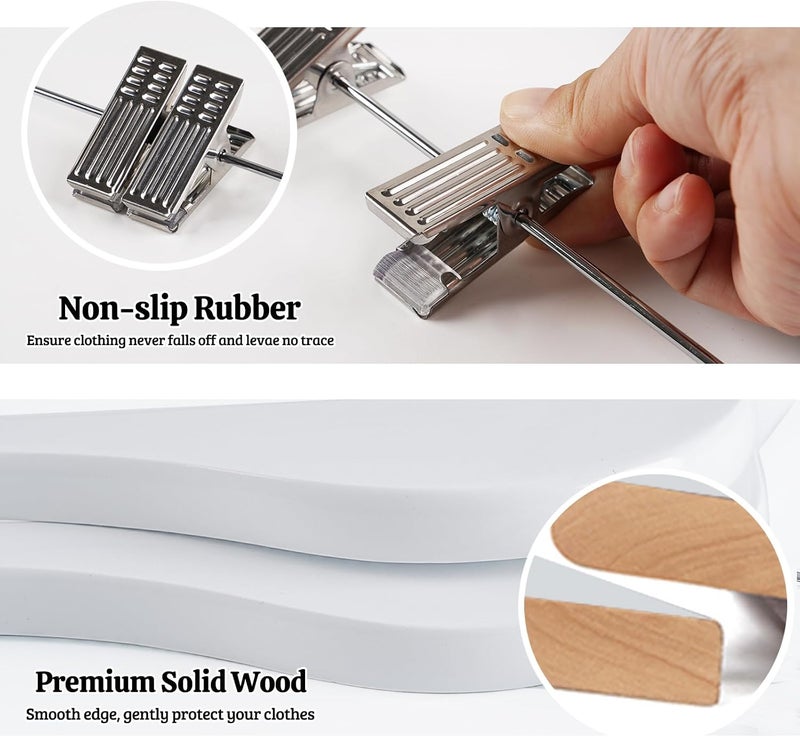 HOUISM HOUÍSM White Wooden Skirt Hangers with Clips 16Pack, Heavy Duty Wood Pants Hangers with Adjustable Metal Clips for Slacks, Jeans, Shorts, Jacket, Blouse, Clothes Suit - Image 3
