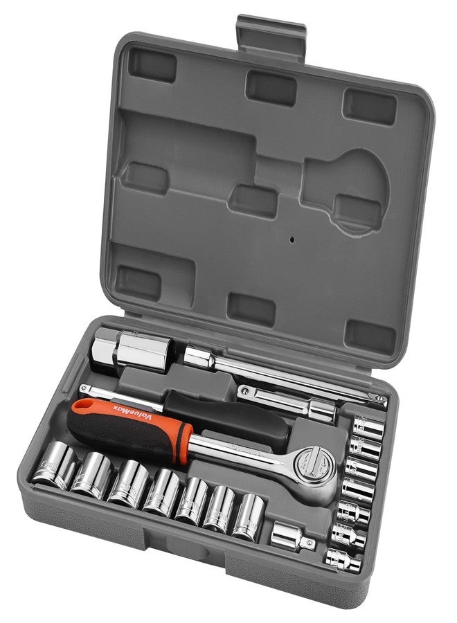ValueMax 21-Piece Socket Wrench Set, 1/4" & 3/8" Drive, Carbon Steel Metric Sockets, Ratchet, Spinner Handle, Extension Bars, Spark Plug Socket, Car, Motorcycle, Home Maintenance Tools - Image 1