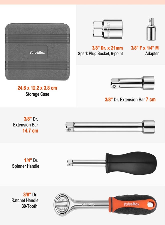 ValueMax 21-Piece Socket Wrench Set, 1/4" & 3/8" Drive, Carbon Steel Metric Sockets, Ratchet, Spinner Handle, Extension Bars, Spark Plug Socket, Car, Motorcycle, Home Maintenance Tools - Image 5