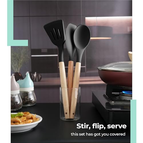 Lifelong Non-Stick Silicone Spatula Set | Set of 3-Spoon Spatulas, Slotted Turner, and Soup Ladle | Dishwasher Safe, Silicone Spatulas with Wooden Handle for Serving & Cooking | (LLCTSLW03,Black) - Image 2