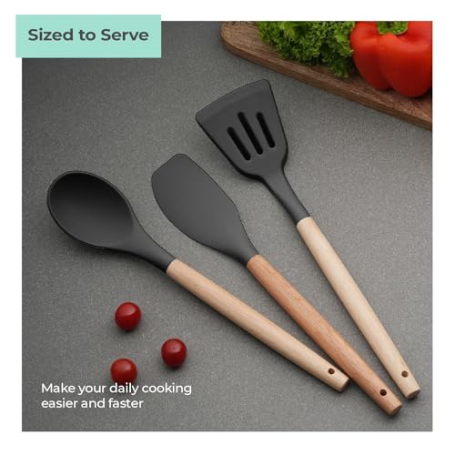 Lifelong Non-Stick Silicone Spatula Set | Set of 3-Spoon Spatulas, Slotted Turner, and Soup Ladle | Dishwasher Safe, Silicone Spatulas with Wooden Handle for Serving & Cooking | (LLCTSLW03,Black) - Image 3