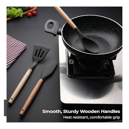 Lifelong Non-Stick Silicone Spatula Set | Set of 3-Spoon Spatulas, Slotted Turner, and Soup Ladle | Dishwasher Safe, Silicone Spatulas with Wooden Handle for Serving & Cooking | (LLCTSLW03,Black) - Image 5