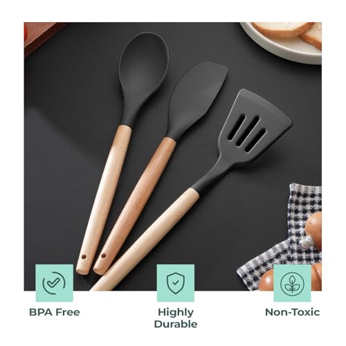 Lifelong Non-Stick Silicone Spatula Set | Set of 3-Spoon Spatulas, Slotted Turner, and Soup Ladle | Dishwasher Safe, Silicone Spatulas with Wooden Handle for Serving & Cooking | (LLCTSLW03,Black) - Image 4