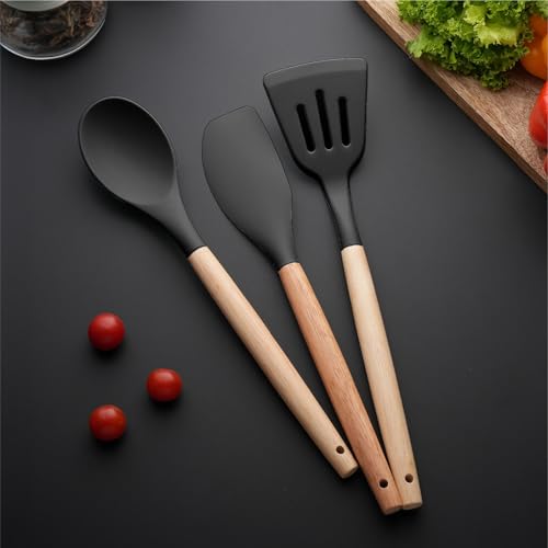 Lifelong Non-Stick Silicone Spatula Set | Set of 3-Spoon Spatulas, Slotted Turner, and Soup Ladle | Dishwasher Safe, Silicone Spatulas with Wooden Handle for Serving & Cooking | (LLCTSLW03,Black) - Image 1