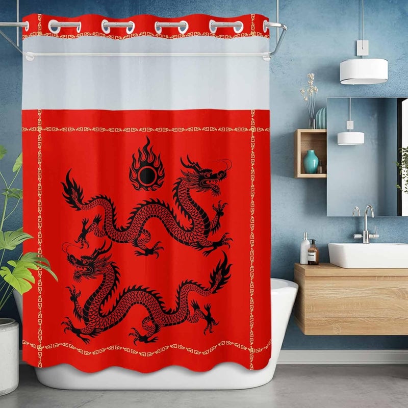 No Hook Shower Curtain and Liner Set, Chinese New Year Snap in Shower Curtain Set, Black Dragon Traditional Oriental Red Waterproof Fabric Bathroom Curtain with See Through Top Window 48"x72" - Image 5