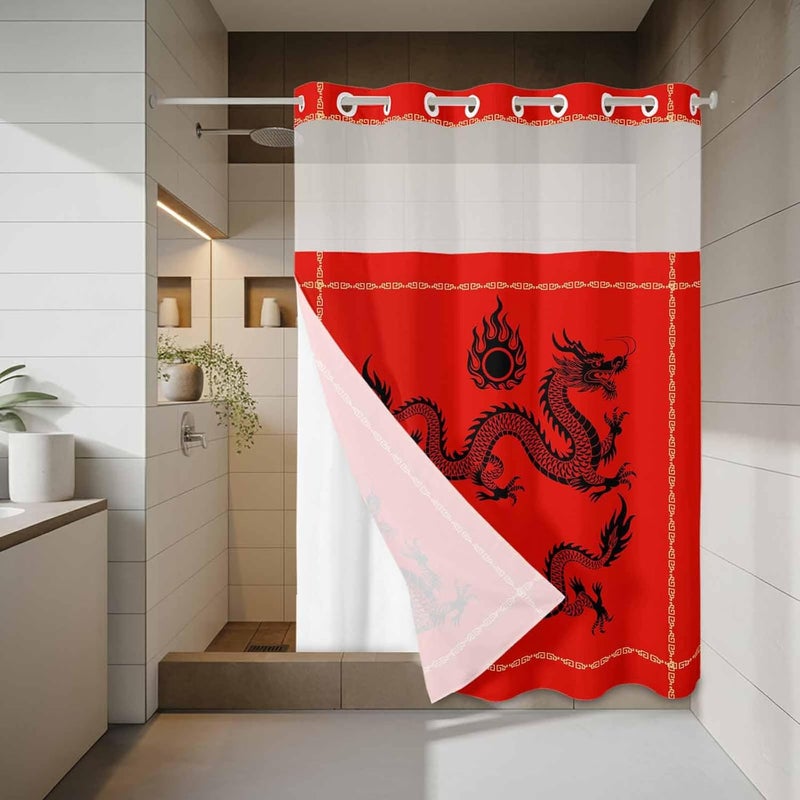 No Hook Shower Curtain and Liner Set, Chinese New Year Snap in Shower Curtain Set, Black Dragon Traditional Oriental Red Waterproof Fabric Bathroom Curtain with See Through Top Window 48"x72" - Image 3