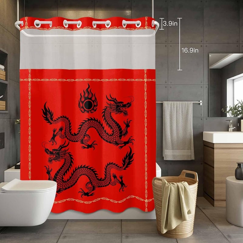 No Hook Shower Curtain and Liner Set, Chinese New Year Snap in Shower Curtain Set, Black Dragon Traditional Oriental Red Waterproof Fabric Bathroom Curtain with See Through Top Window 48"x72" - Image 4