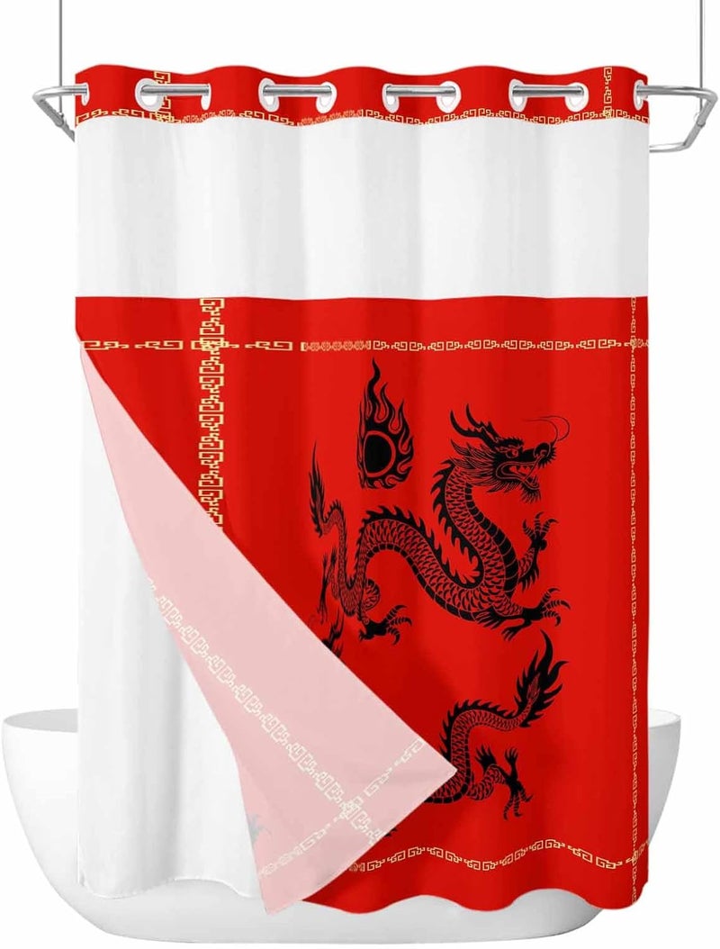 No Hook Shower Curtain and Liner Set, Chinese New Year Snap in Shower Curtain Set, Black Dragon Traditional Oriental Red Waterproof Fabric Bathroom Curtain with See Through Top Window 48"x72" - Image 1