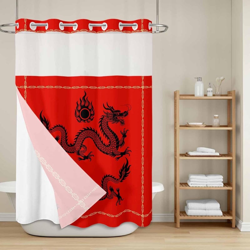 No Hook Shower Curtain and Liner Set, Chinese New Year Snap in Shower Curtain Set, Black Dragon Traditional Oriental Red Waterproof Fabric Bathroom Curtain with See Through Top Window 48"x72" - Image 2