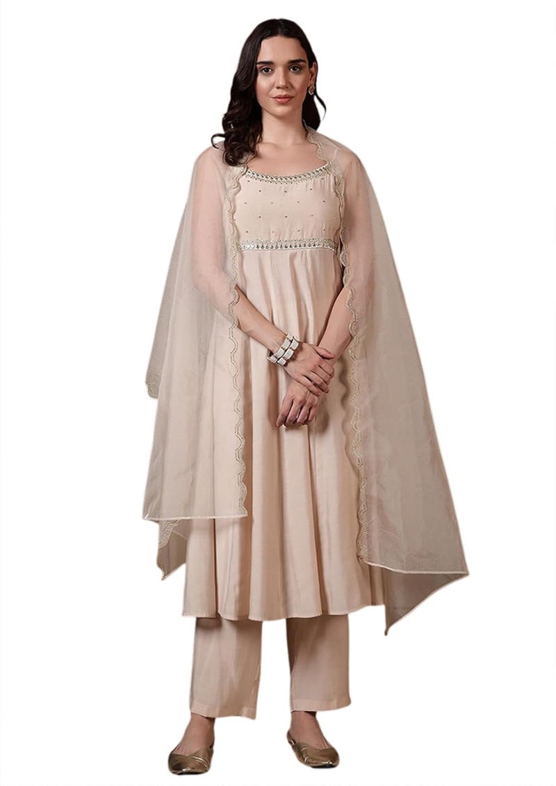 FIORRA طقم كورتا A-Line من FIORRA للنساء بلون أبيض فاتح من فسكوز تشاندي مزين بالتطريز مع دوباتا - Image 1