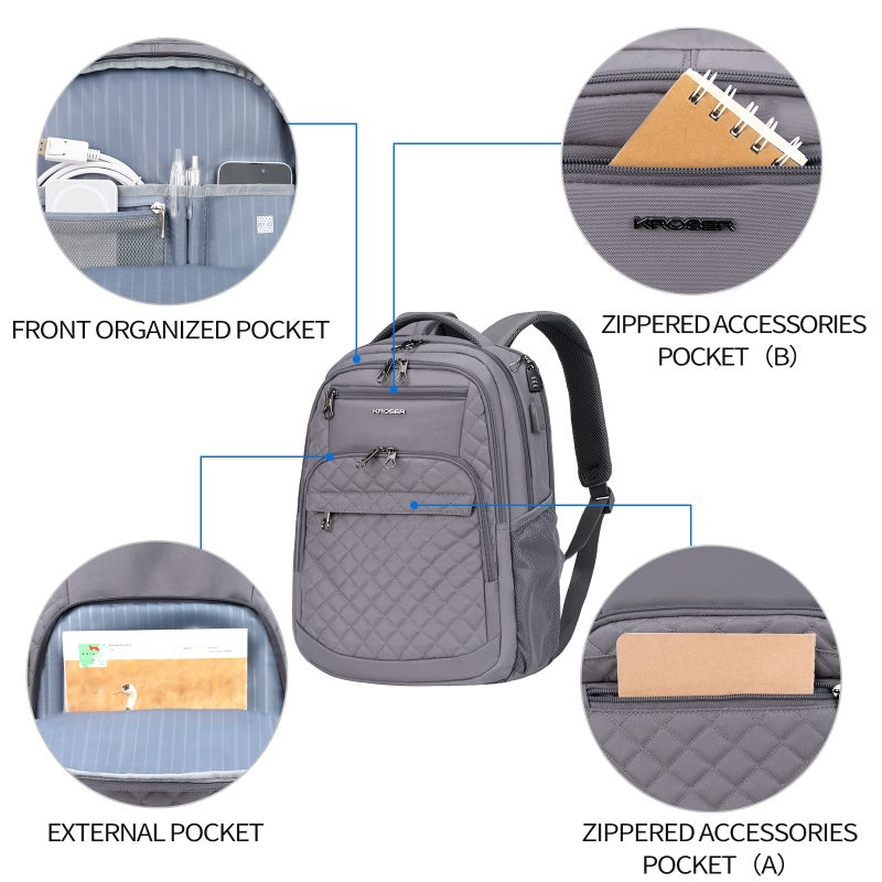 KROSER Travel Laptop Backpack 17 Inch Large Computer Backpack Water-Repellent Daypack with USB Charging Port & Headphone Interface RFID Pockets for Work/Business/College/Men/Women Dark grey(Quilted) - Image 2