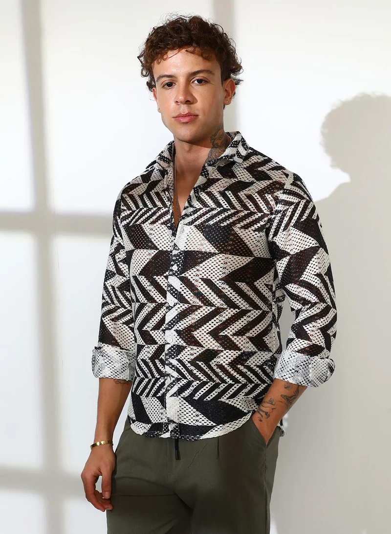 Campus Sutra Campus Sutra Men's Taupe Brown & Cream White Chevron-Knit Shirt For Casual Wear | Spread Collar | Long Sleeve | Button Closure | Shirt Crafted With Comfort Fit For Everyday Wear