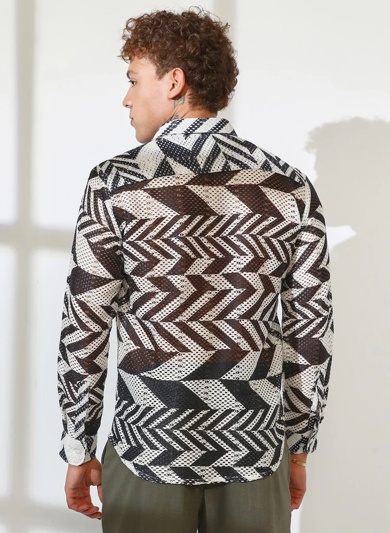 Campus Sutra Campus Sutra Men's Taupe Brown & Cream White Chevron-Knit Shirt For Casual Wear | Spread Collar | Long Sleeve | Button Closure | Shirt Crafted With Comfort Fit For Everyday Wear