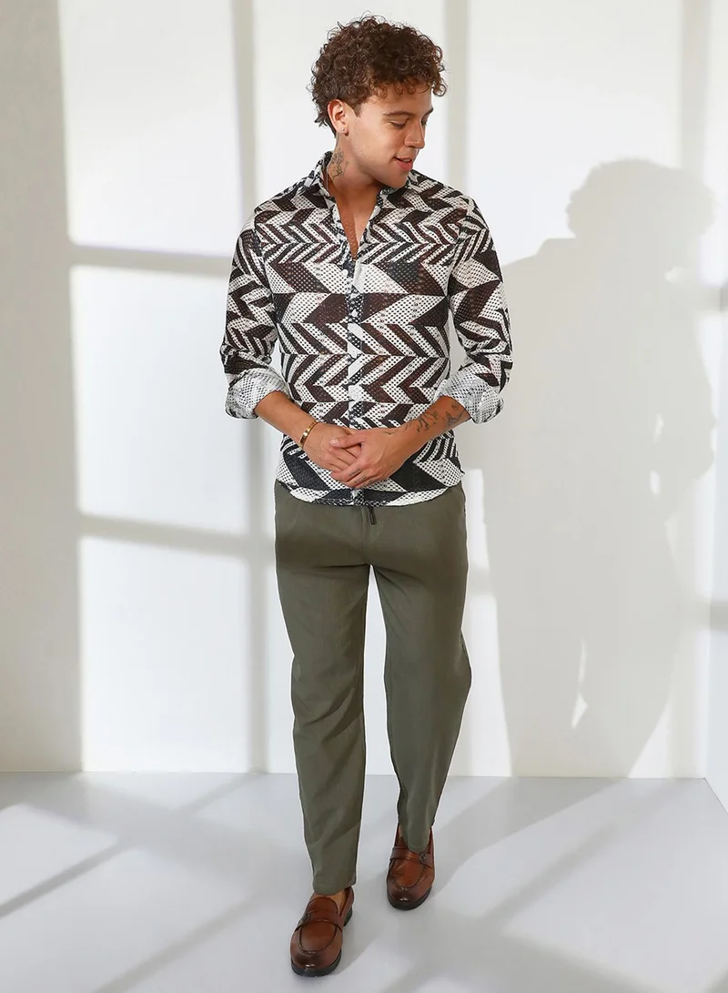 Campus Sutra Campus Sutra Men's Taupe Brown & Cream White Chevron-Knit Shirt For Casual Wear | Spread Collar | Long Sleeve | Button Closure | Shirt Crafted With Comfort Fit For Everyday Wear