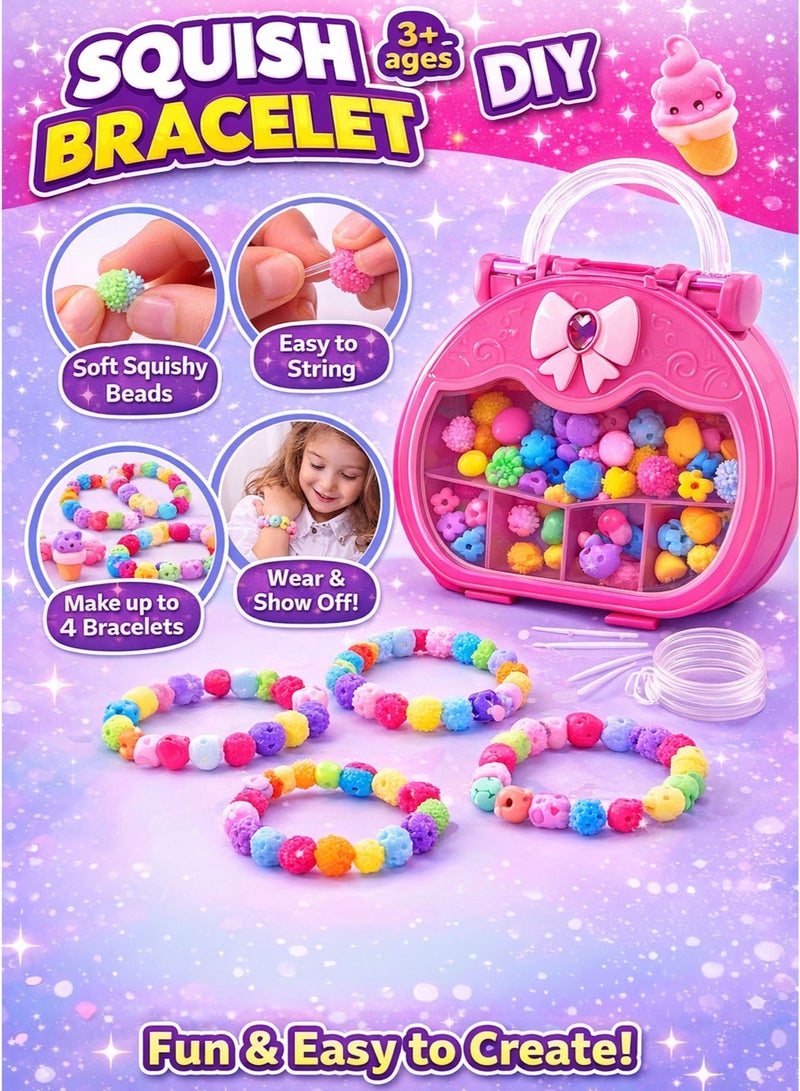 GreaTeam Squish Bracelet DIY Kit for Girls 3+ Years Make Up to 4 Soft & Squishy Bracelets with Colorful Sensory Beads & Cute Charms Kids Bracelet Making Craft Set with Elastic Strings & Pink Storage Case Non-Toxic Creative Jewelry Toy Gift for Birthday Party Favors & Eid - Image 2